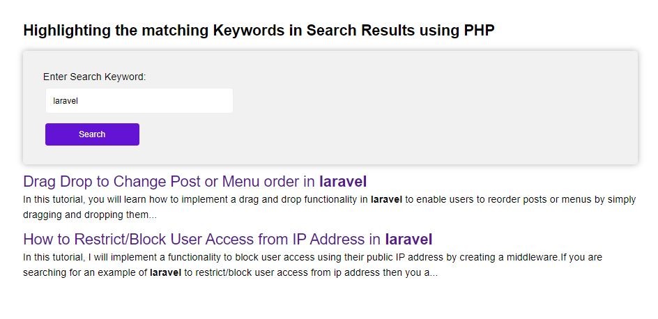 Highlighting the matching Keywords in Search Results using PHP
